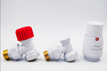 Zestaw ELEGANT do grzejników bocznozasilanych - zawór termostatyczny kątowy, zawór odcinający, głowica, kolor biały; ELGS0206C/FK 