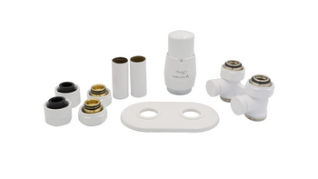 Zestaw premium Prestige do grzejników dolnozasilanych - zawór dwururowy kątowy, głowica, rozeta, tulejki, nyple, złączki instalacja miedź; kolor biały; AEPRNYGS0206C/FK(Cu)