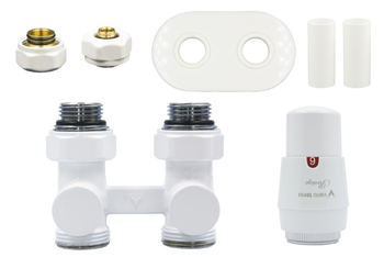 Zestaw premium Prestige do grzejników dolnozasilanych - zawór dwururowy prosty, głowica, rozeta, tulejki, nyple, złączki; kolor biały; AEPRNYGS0206C/FP(PEX)