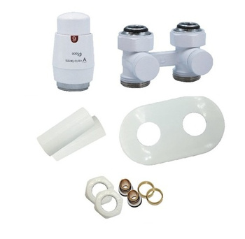 Zestaw premium Prestige do grzejników dolnozasilanych - zawór dwururowy prosty, głowica, rozeta, tulejki, nyple, złączki; kolor biały; AEPRNYGS0206C/FP(Cu)